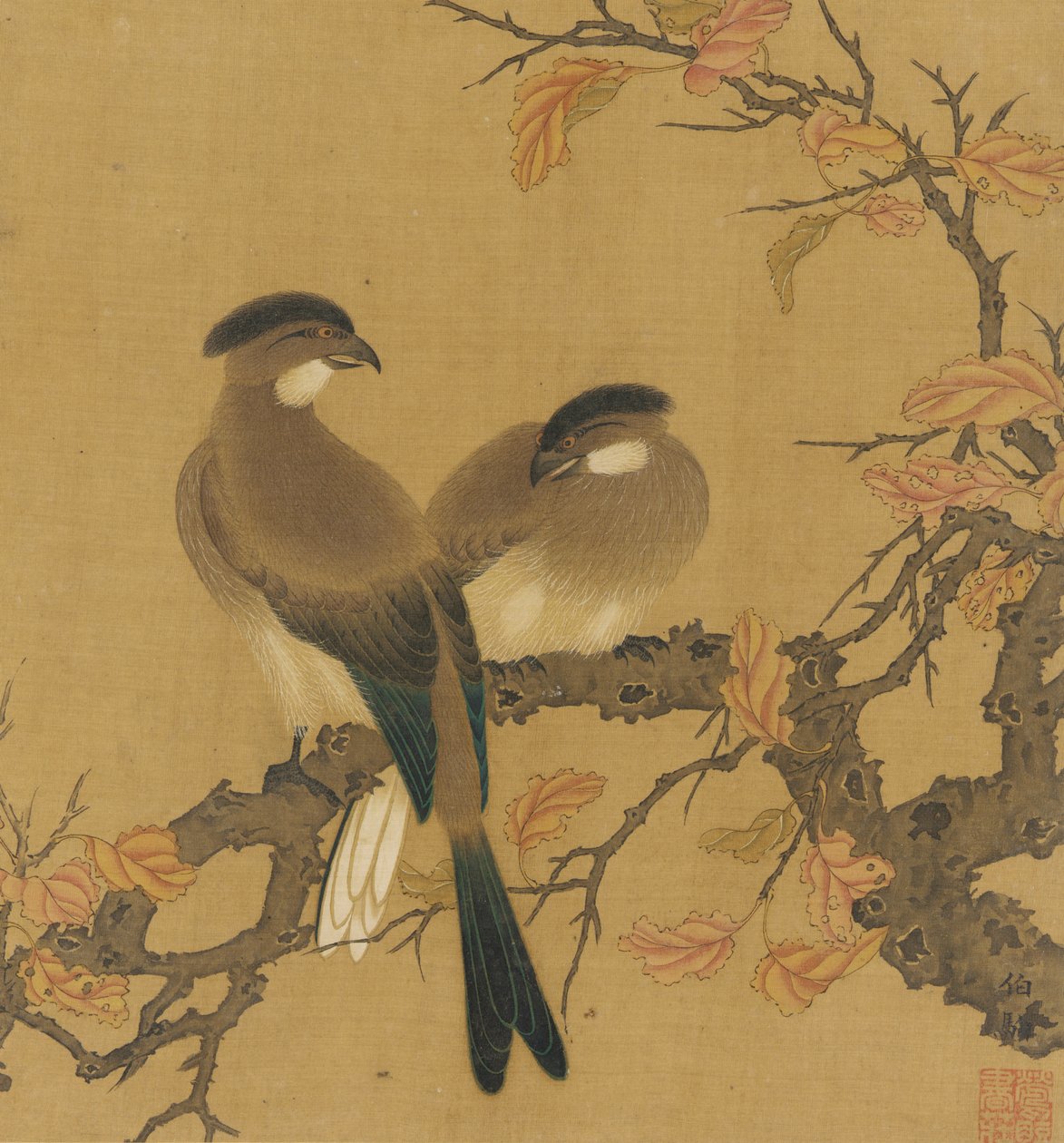 Dos aves crestadas en una rama, hojas de otoño, dinastía Qing, siglo XVIII de Unbekannt