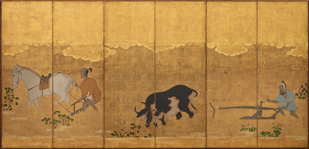 Dos agricultores arando y rastrillando un campo de arroz, período Edo, 1615-1868 de Unbekannt