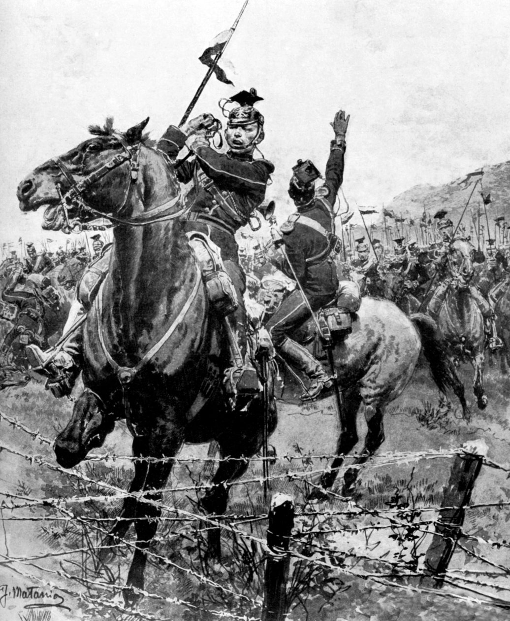 Ulanos detenidos por alambre de púas cerca de Lieja, Bélgica, Primera Guerra Mundial, 1914 de Unbekannt