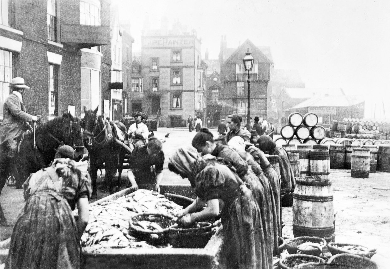 Reino Unido: Destripadoras de arenques escocesas trabajando en Scarborough. Scarborough, c 1890 de Unbekannt
