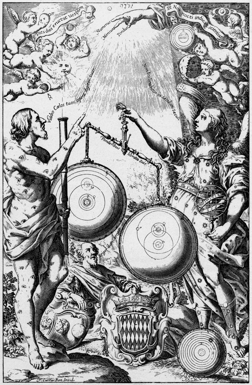 Urania, la Musa de la Astronomía, pesando y comparando sistemas del universo, 1651 de Unbekannt
