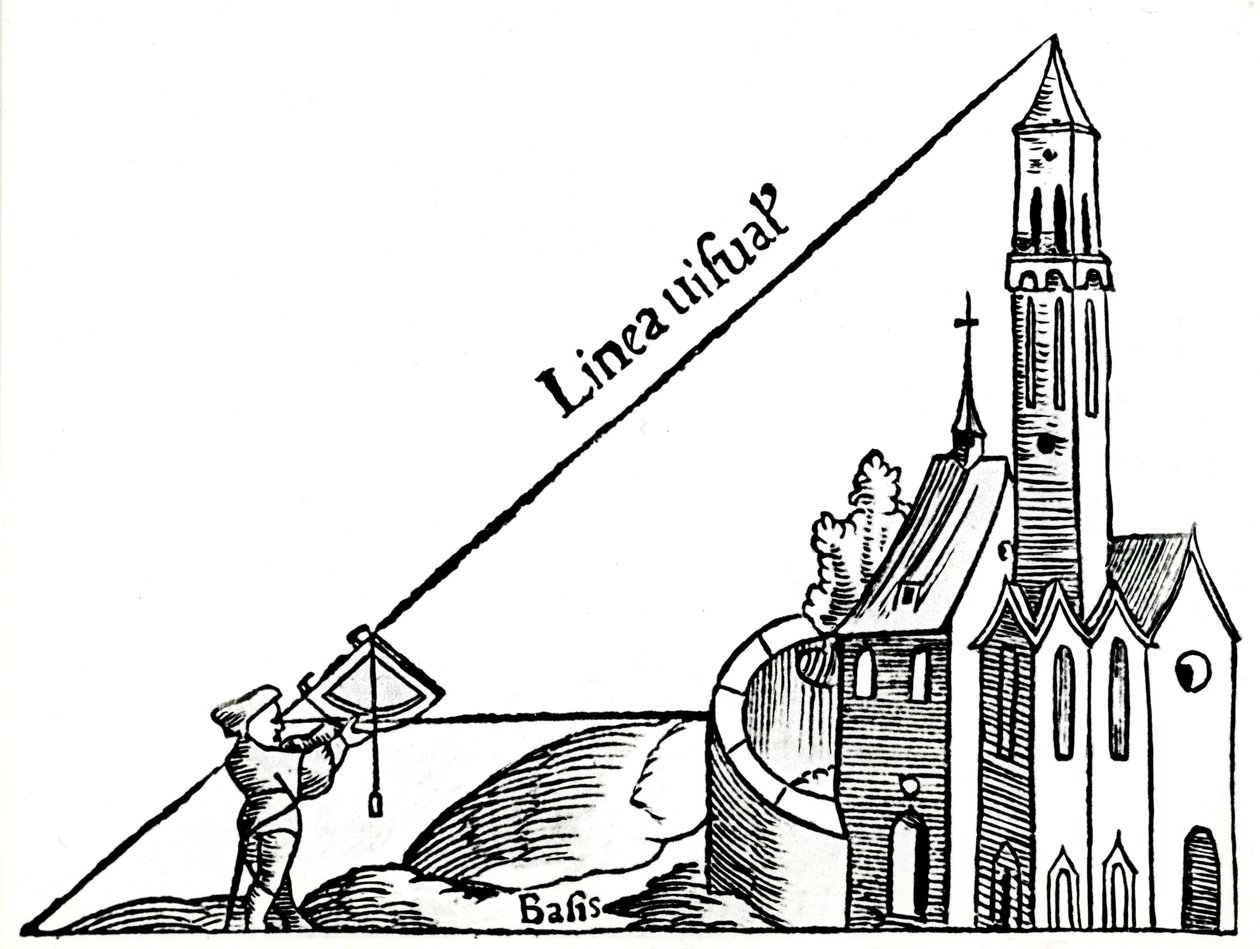 Usando un cuadrante con una plomada para calcular la altura de una torre por triangulación, 1551 de Unbekannt