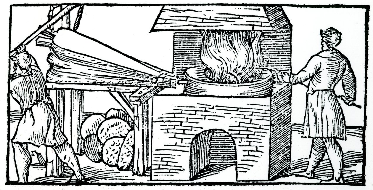 Usando fuelles para aumentar el tiro en un horno, 1540 de Unbekannt