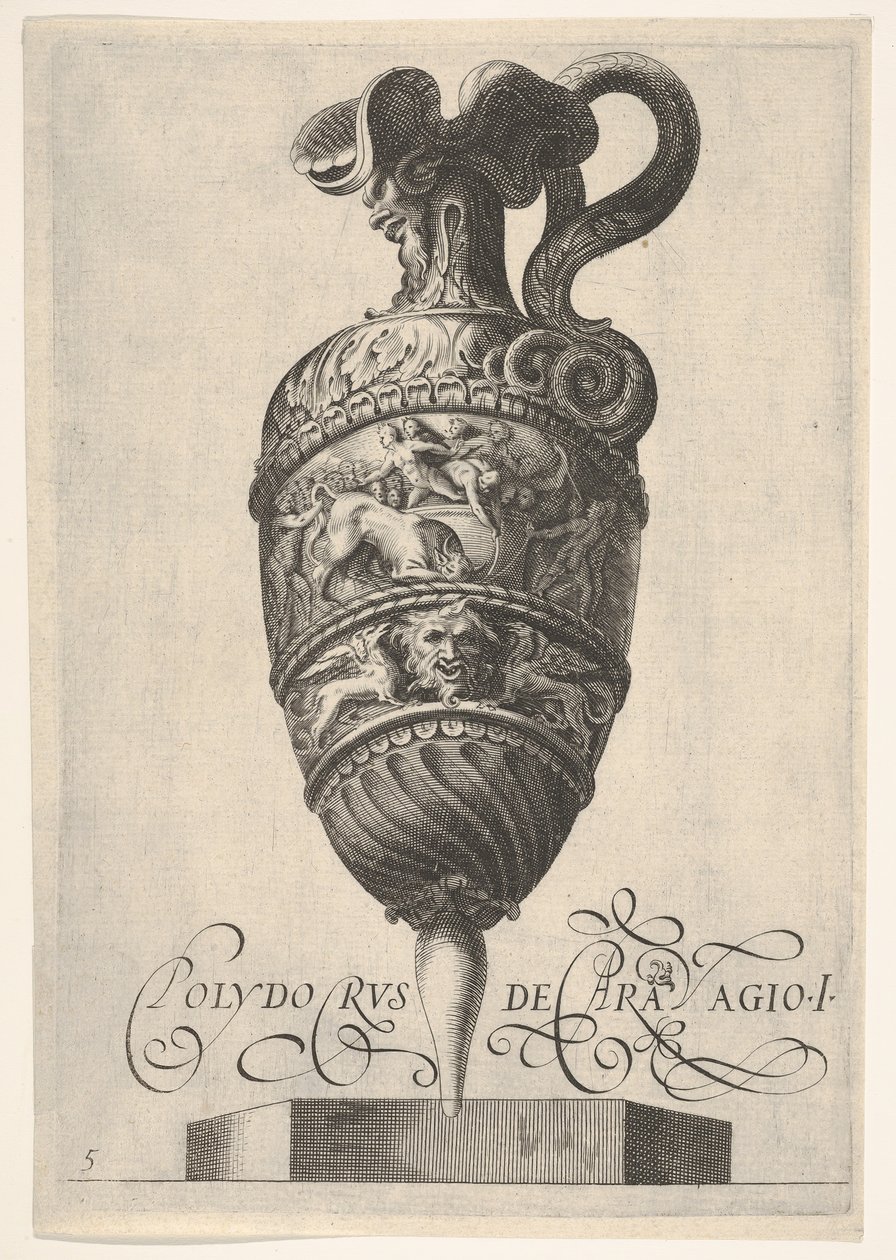 Vasija con máscaras grotescas, grifos y un friso poblado por un toro y hombres, ca 1550-1600 de Unbekannt