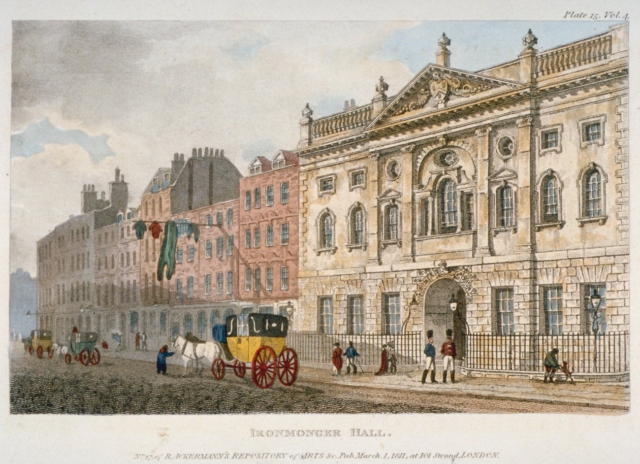 Vista del Salón de los Ferreteros y personas y un carruaje en Fenchurch Street, Ciudad de Londres, 1811 de Unbekannt