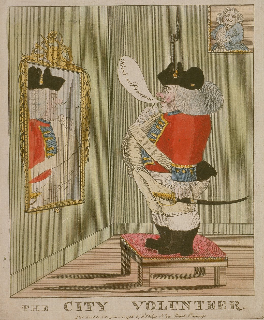 Vista de un voluntario corpulento de la ciudad admirándose en el espejo, 1785 de Unbekannt