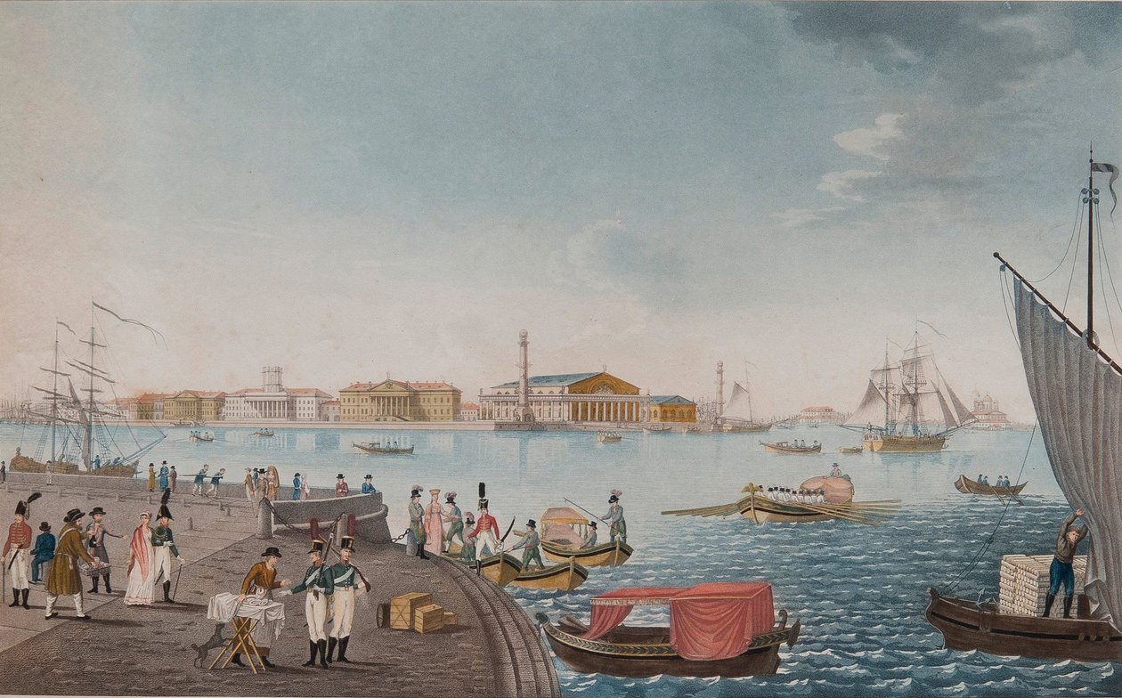 Vista del Río Neva y la Bolsa en San Petersburgo, principios de 1800s de Unbekannt