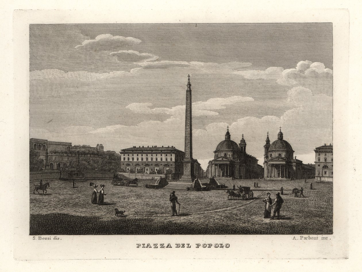 Vista de la Piazza del Popolo, Roma, con antiguo obelisco de Heliópolis, Egipto de Unbekannt