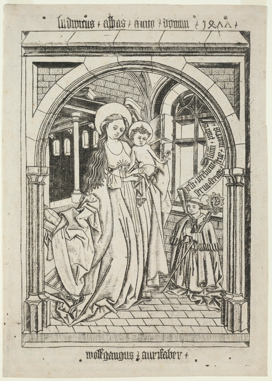 Virgen y Niño, Abad Ludwig arrodillado, 1400s de Unbekannt