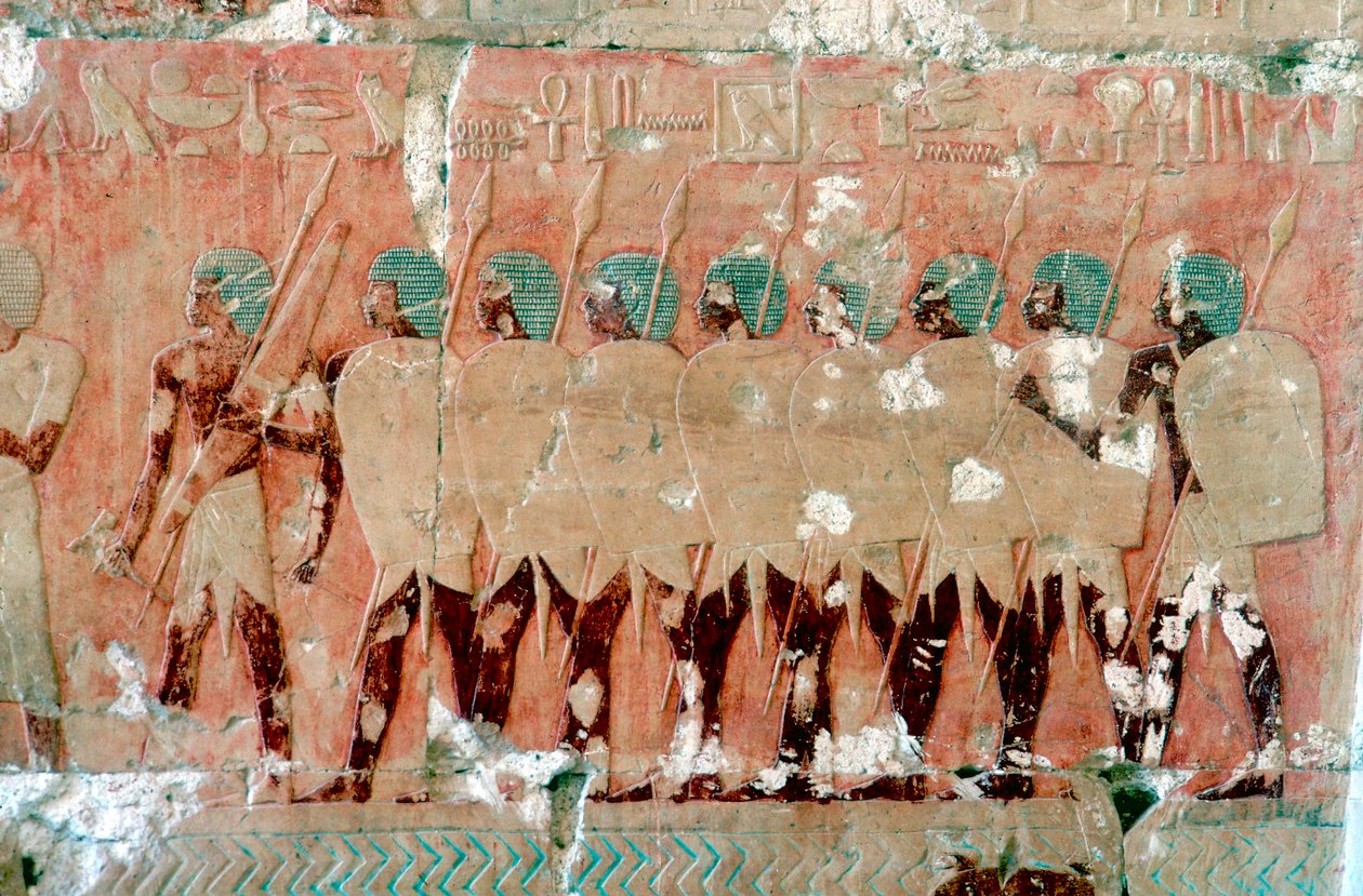Pintura mural de soldados egipcios en la expedición, Templo de la Reina Hatshepsut, Luxor, c. 1470 a.C. de Unbekannt