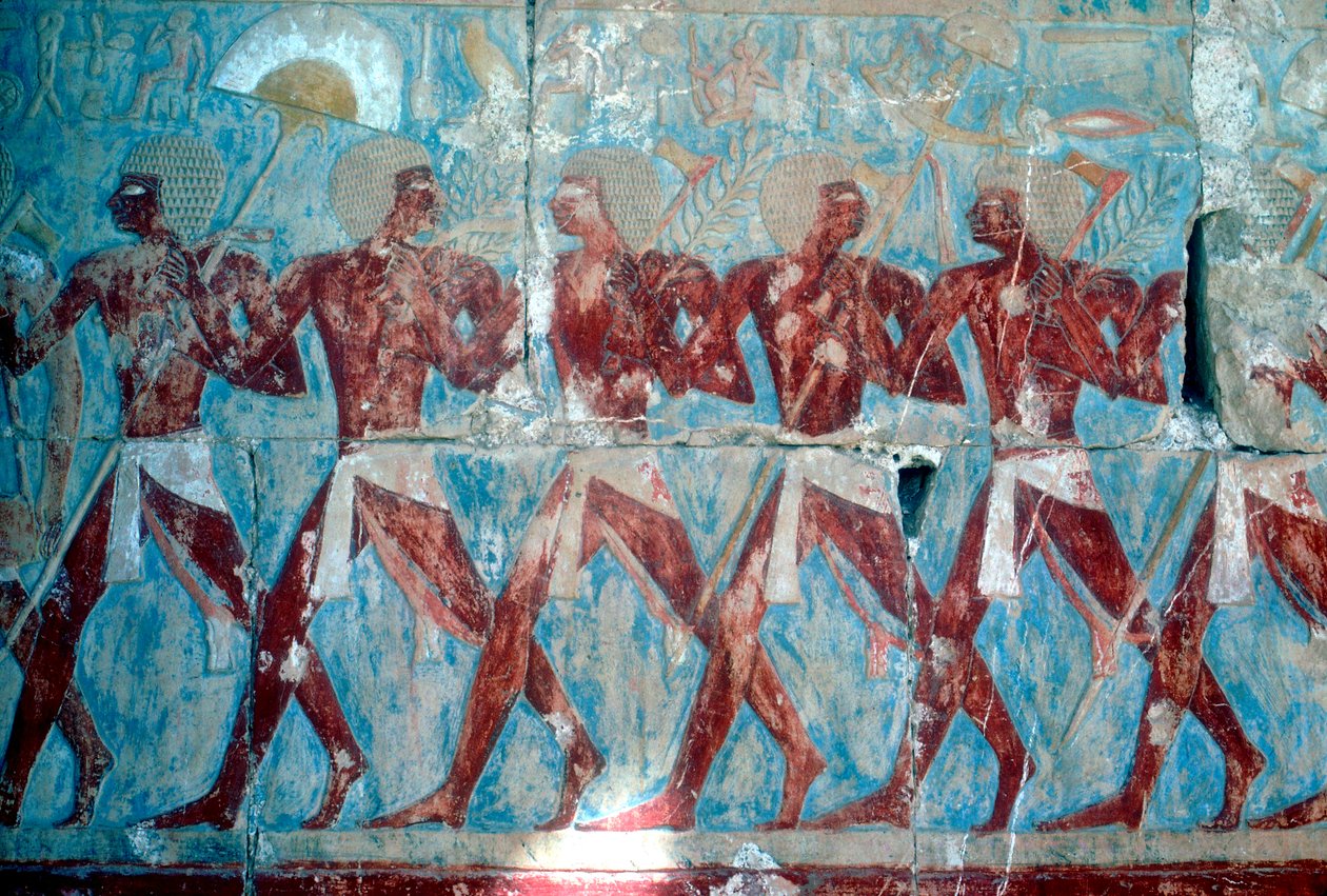 Pintura mural: regreso de la expedición, Templo de la Reina Hatshepsut, Luxor, Egipto, c. 1470 a.C. de Unbekannt