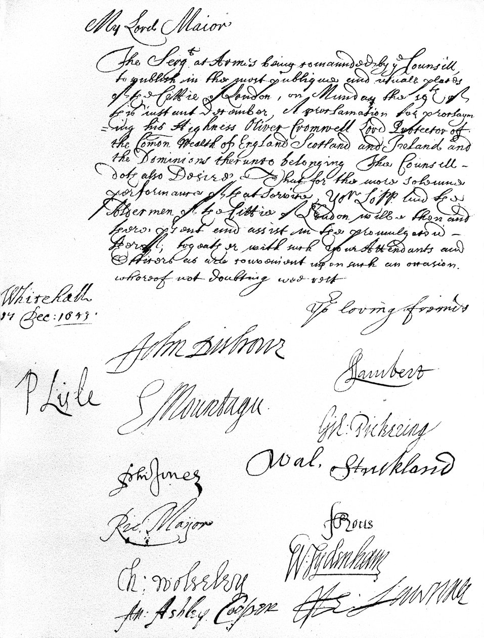 Orden del Consejo de Estado al Alcalde de Londres, deseándole a él y a los concejales asistir a la proclamación de Oliver Cromwell como Lord Protector del Commonwealth de Inglaterra, Escocia, Irlanda y los Dominios el 19 de diciembre de Unbekannt