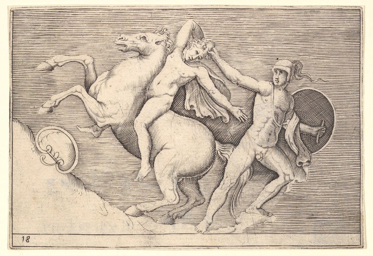 Guerrero tirando a un jinete de su caballo, de Ex Antiquis Camorum et Ge..., publicado ca. 1599-1622 de Unbekannt