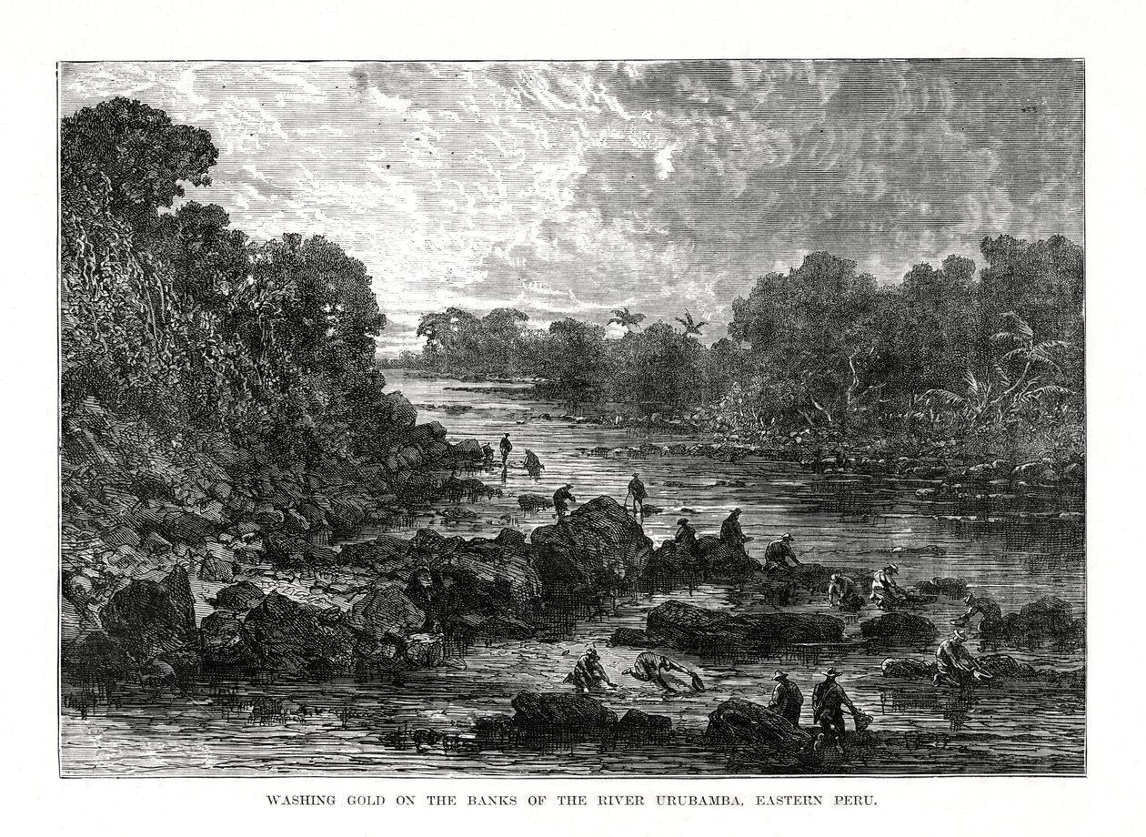 Lavando oro en las orillas del río Urubamba, Perú, 1877 de Unbekannt