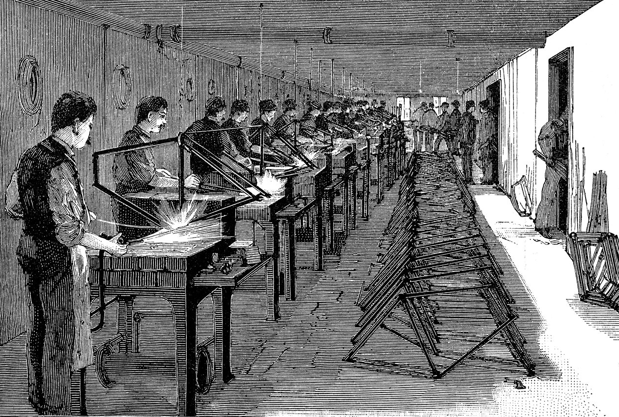 Soldadura de cuadros de bicicletas en una fábrica estadounidense, 1900 de Unbekannt