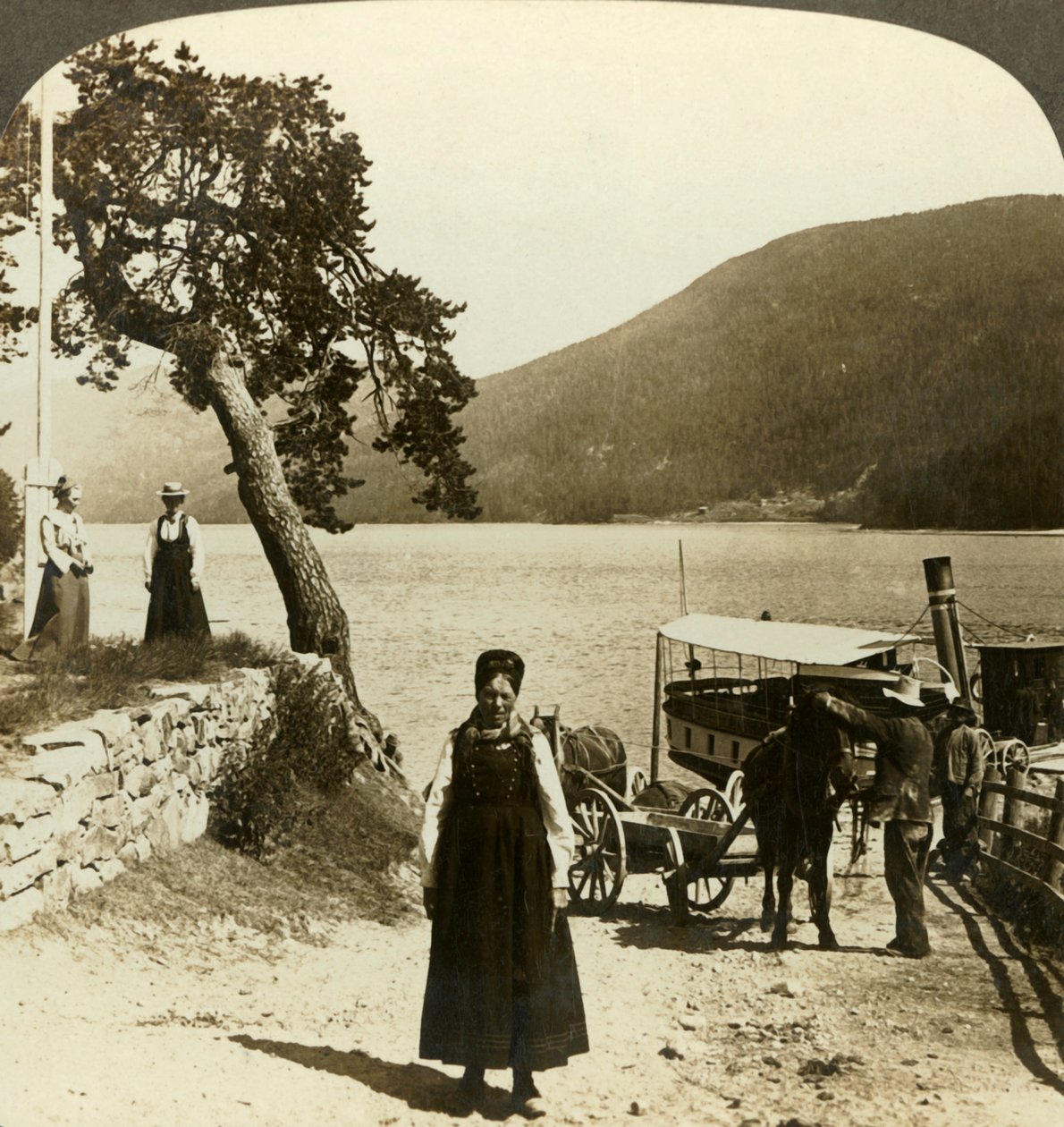 Cuando el vapor del lago llega al muelle de Tinoset - vista a través de Tinsjo hacia las colinas, Noruega, c1905 de Unbekannt