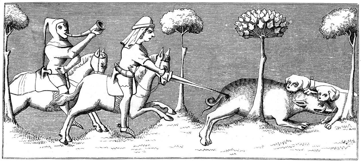 Caza de jabalíes con perros, siglo XIV, 1849 de Unbekannt