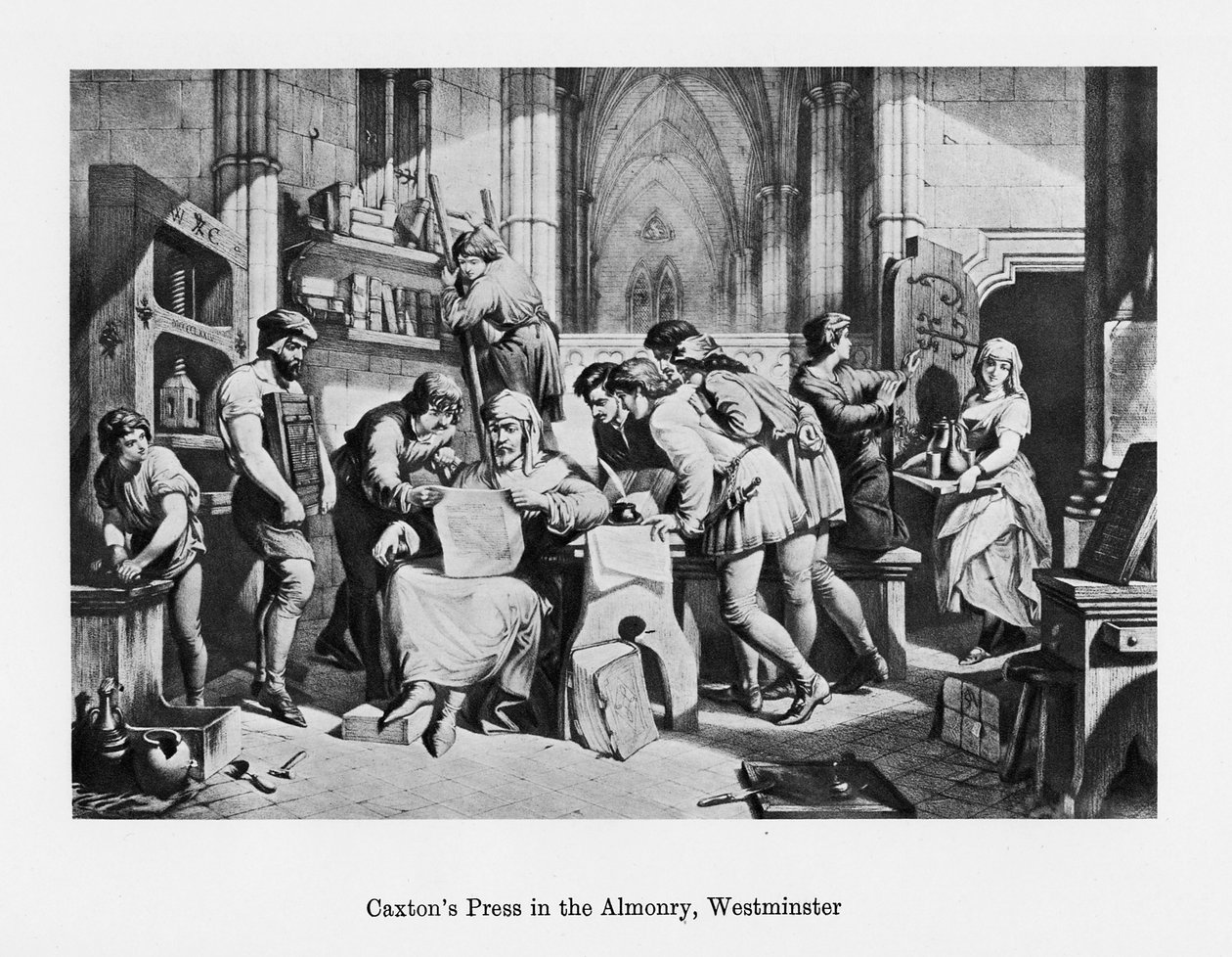 La prensa de William Caxton en el Almonry, Westminster, siglo XV de Unbekannt