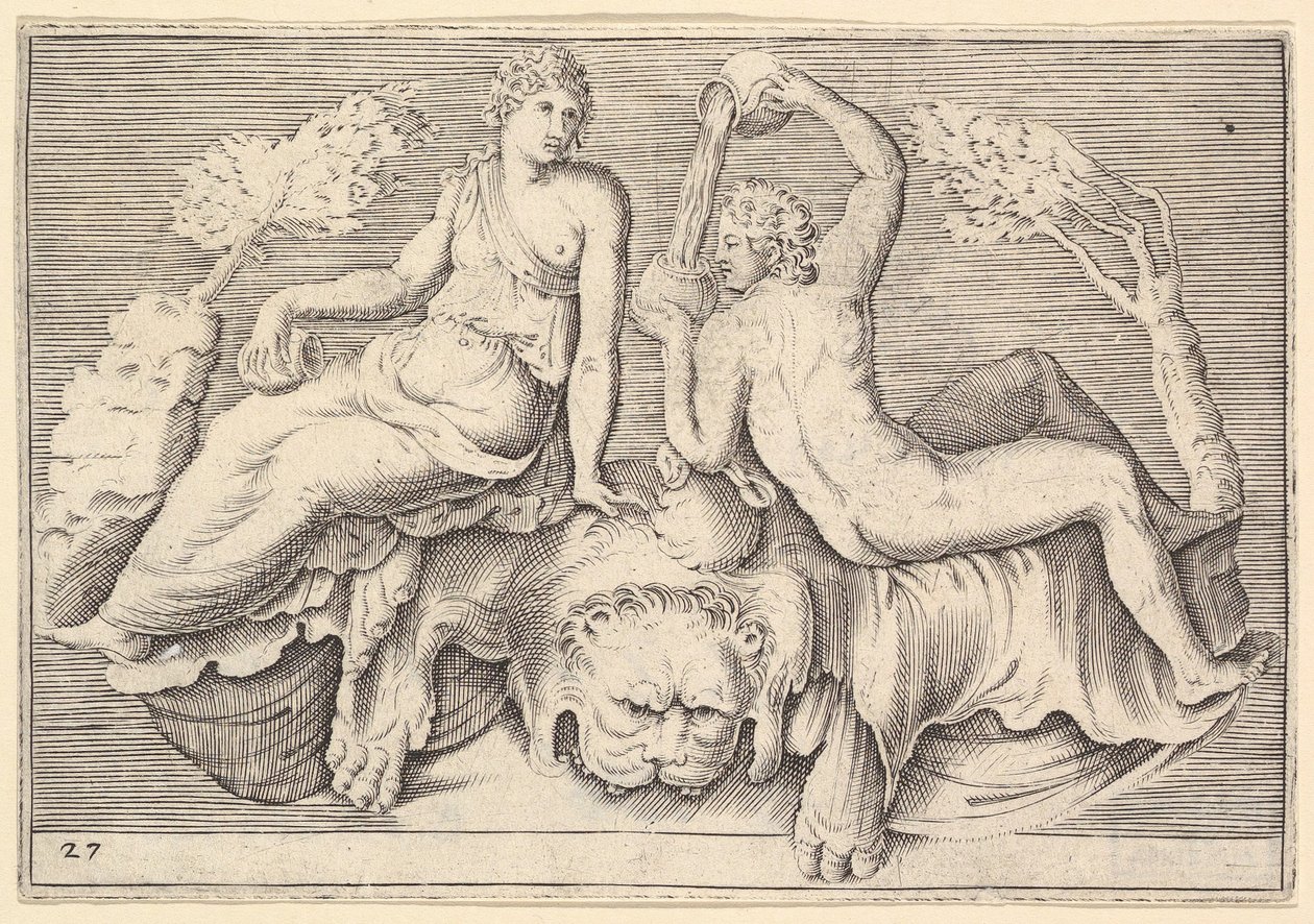 Mujer y hombre sentados en piel de león, hombre sirviendo vino, publicado ca. 1599-1622 de Unbekannt