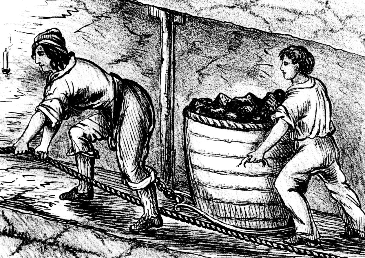 Mujer y un niño trabajando en una mina de carbón, Bolton, Lancashire, 1848 de Unbekannt