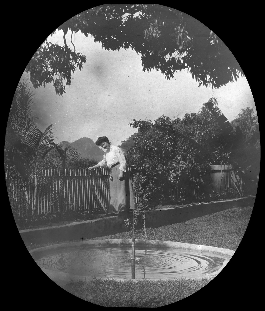 Mujer junto a un estanque en un jardín, Río de Janeiro, Brasil, finales del siglo XIX o principios del XX de Unbekannt