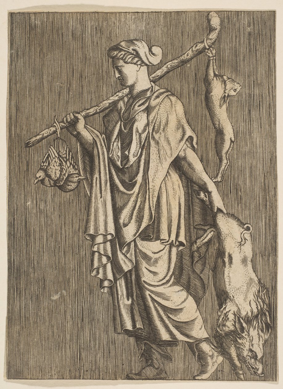 Mujer regresando de una cacería llevando un jabalí en su mano izquierda y un palo en su r..., ca. 1515-1600 de Unbekannt