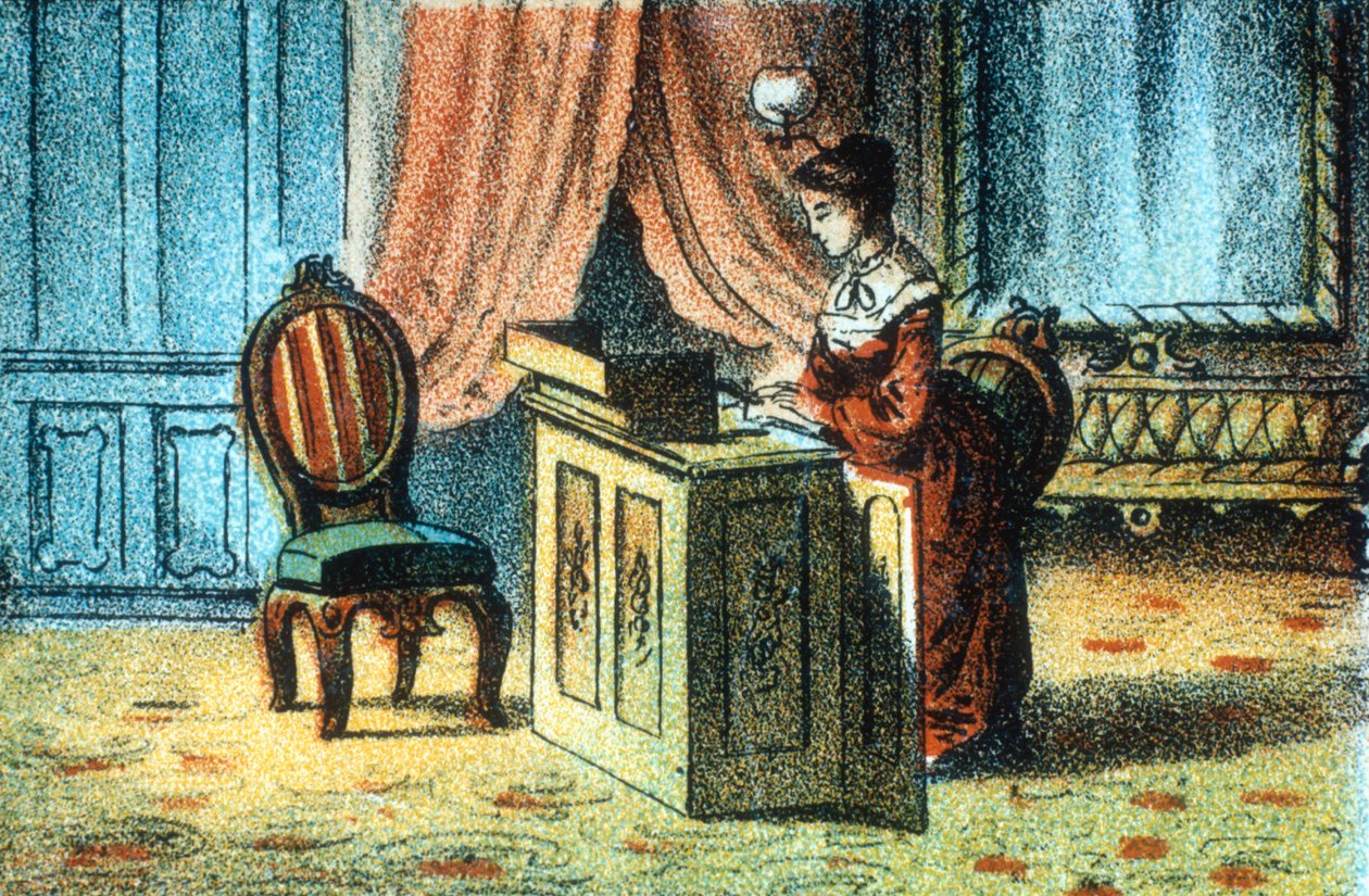 Mujer usando máquina de coser patentada por Elias Howe [c1878] de Unbekannt