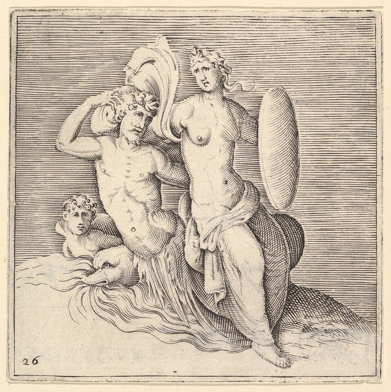 Mujer con escudo sentada en un monstruo marino, publicado ca. 1599-1622 de Unbekannt
