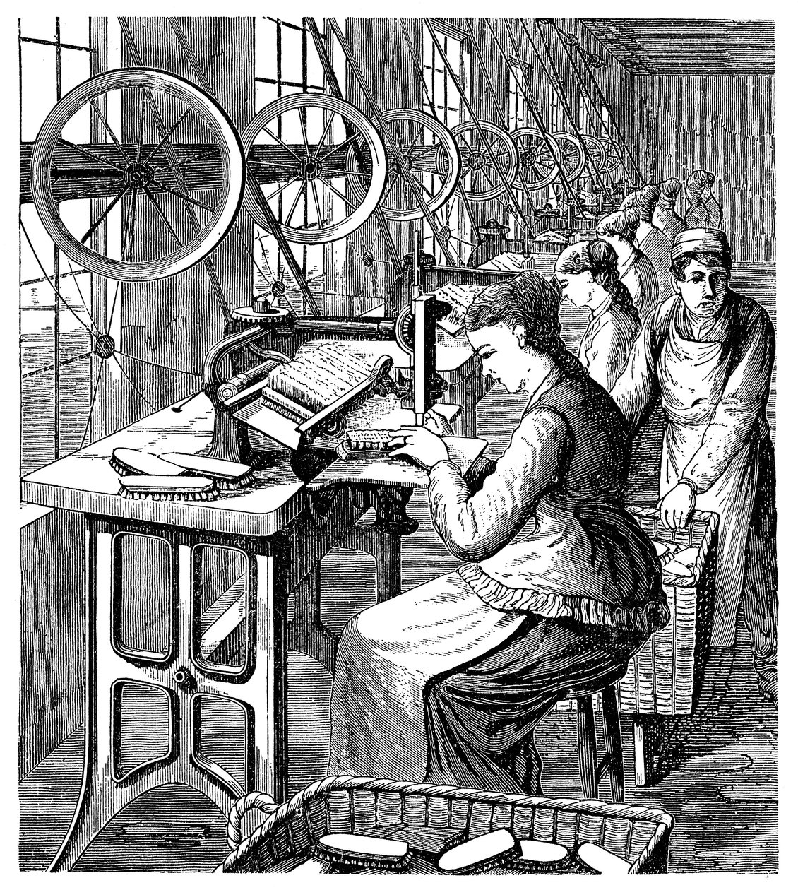 Mujeres asegurando cerdas en cepillos usando la máquina de Woodbury, finales del siglo XIX de Unbekannt
