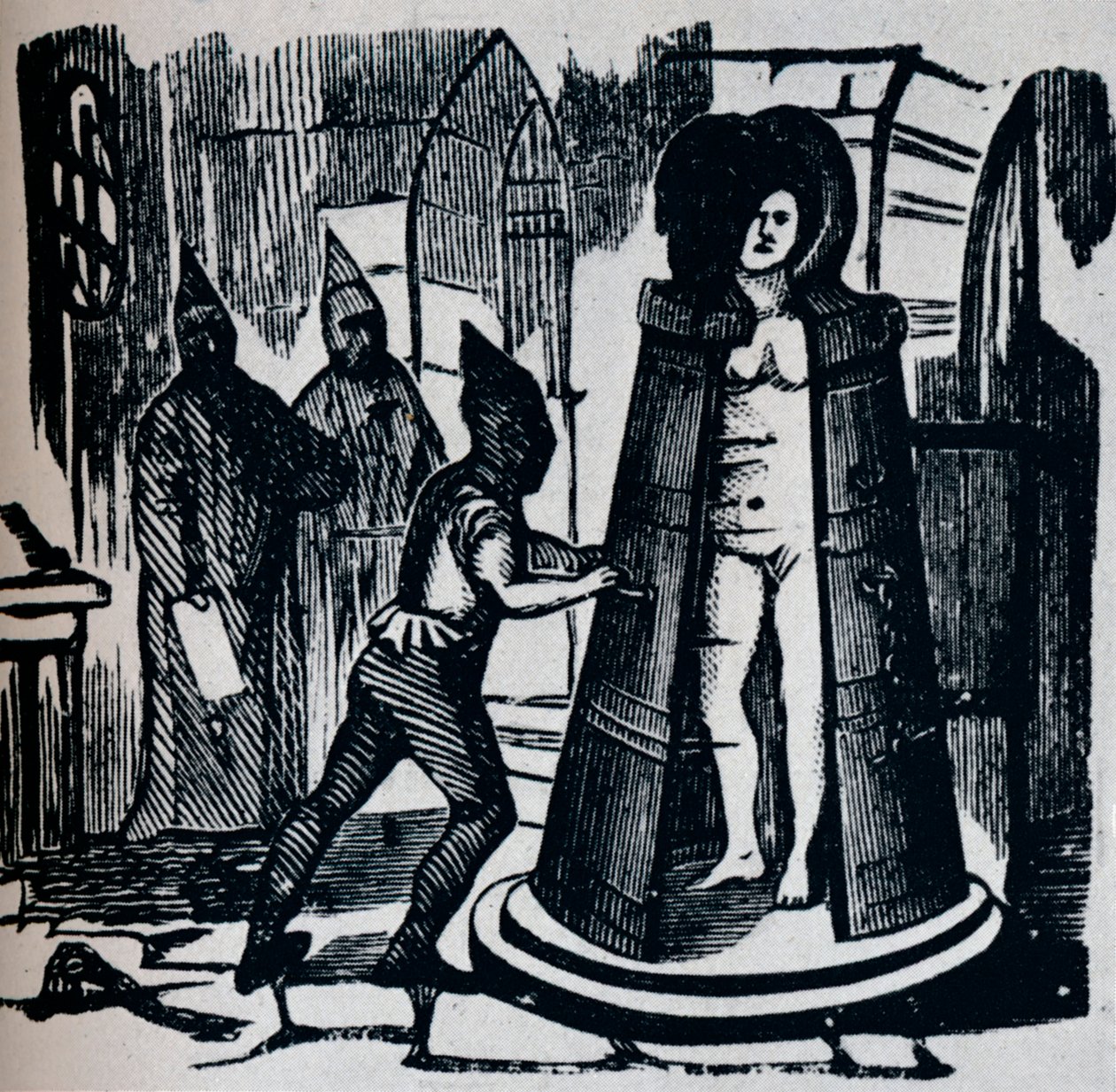 Xilografía mostrando la Doncella de Hierro de Geuders en una cámara de tortura, c1870 de Unbekannt
