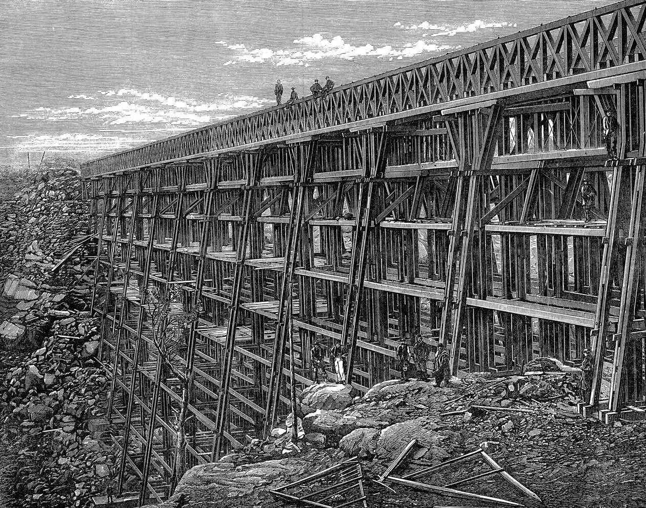 Puente de caballete de madera en el ferrocarril Union Pacific, Dale Creek, Wyoming, EE. UU., 1869 de Unbekannt