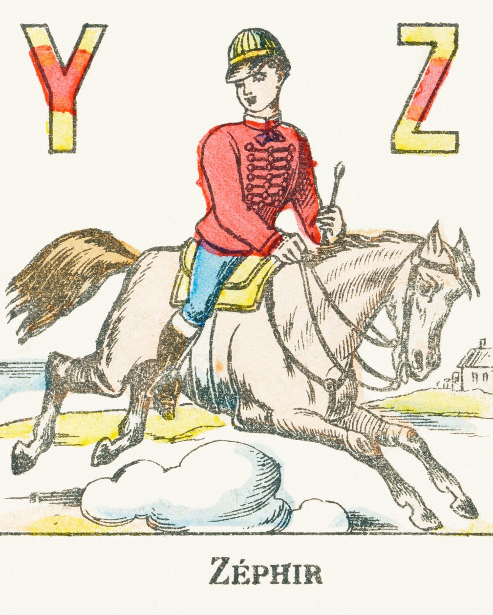 Z: Zéfiro, un jinete galopando en su caballo llamado Zéfiro - Alfabeto de Juegos, c.1890 (grabado) de Unbekannt