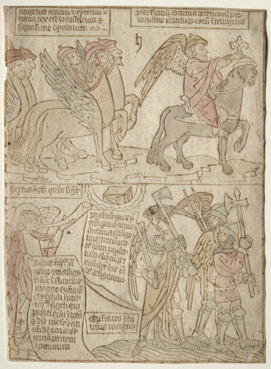 Página del Apocalipsis: Los langostas con el ángel del abismo y la sexta trompeta, 1400s de Unbekannt