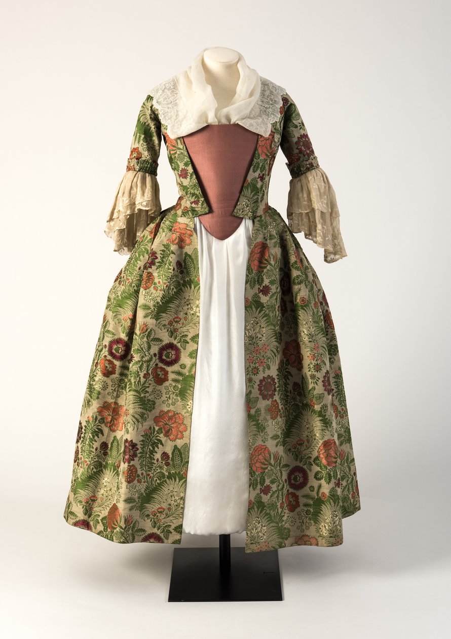 Bata abierta de seda tejida en brocado verde y rosa, 1730s de Unbekannt Unbekannt