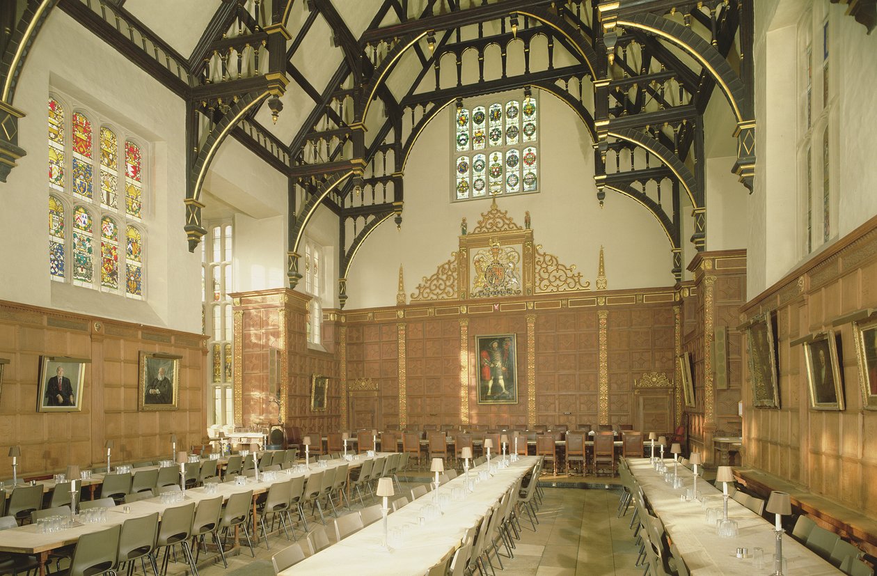 Vista interior del comedor mostrando el techo de vigas de martillo, Trinity College, Cambridge de Unbekannt Unbekannt