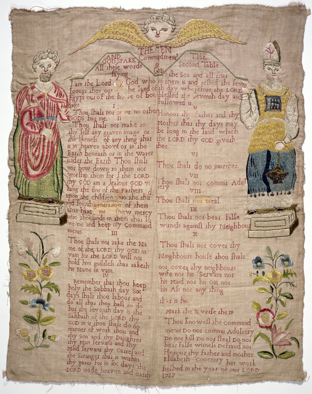 Muestrario, representando los Diez Mandamientos, por Elizabeth Coventry, inglesa, 1727 (sedas de colores sobre lino) de Unbekannt Unbekannt