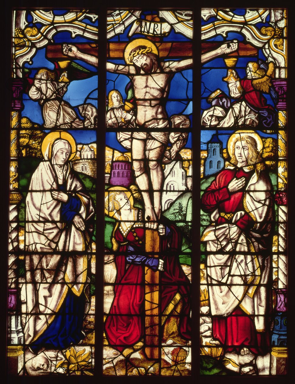 La Crucifixión, vitral, probablemente de la Abadía de Altenberg, cerca de Colonia, quizás diseñado por el Pintor conocido como el Maestro de la Sagrada Parentela, c.1500 de Unbekannt Unbekannt
