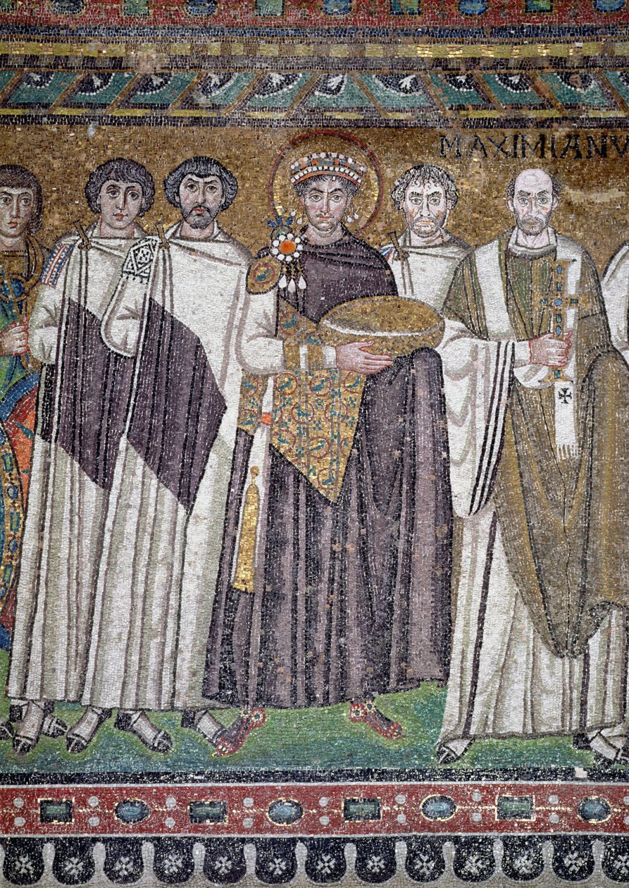 Justiniano I y su séquito, (detalle) del emperador, c.547 d.C. de Unbekannt Unbekannt
