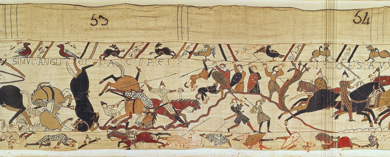 Normandos e ingleses caen lado a lado en la batalla, Tapiz de Bayeux de Unbekannt Unbekannt