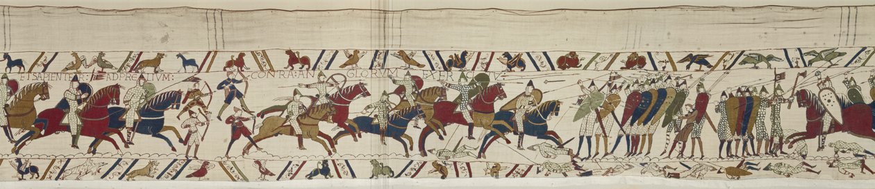 La caballería normanda ataca la muralla de escudos inglesa y comienza la batalla, Tapiz de Bayeux de Unbekannt Unbekannt
