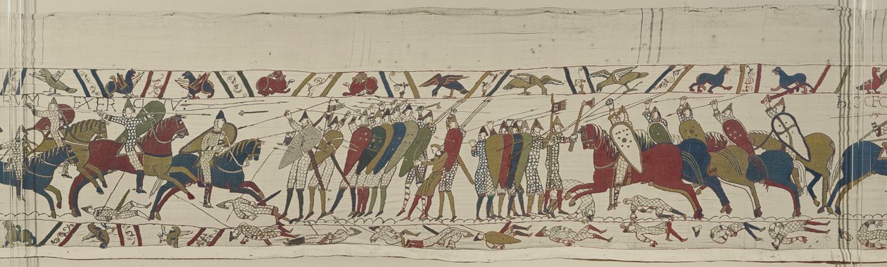 La caballería normanda ataca la muralla de escudos inglesa y comienza la batalla, Tapiz de Bayeux de Unbekannt Unbekannt