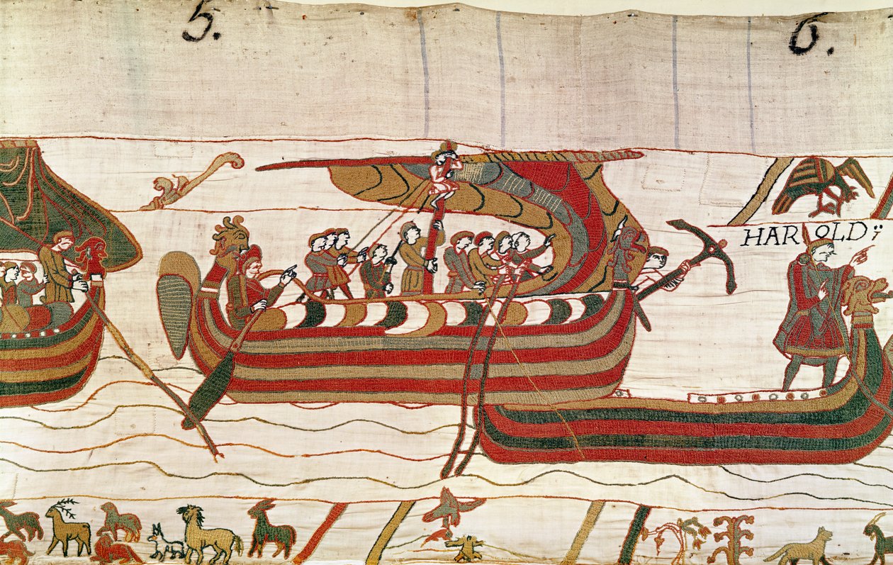 Los barcos son llevados por los vientos hacia el territorio del conde Guy de Ponthieu, Tapiz de Bayeux de Unbekannt Unbekannt