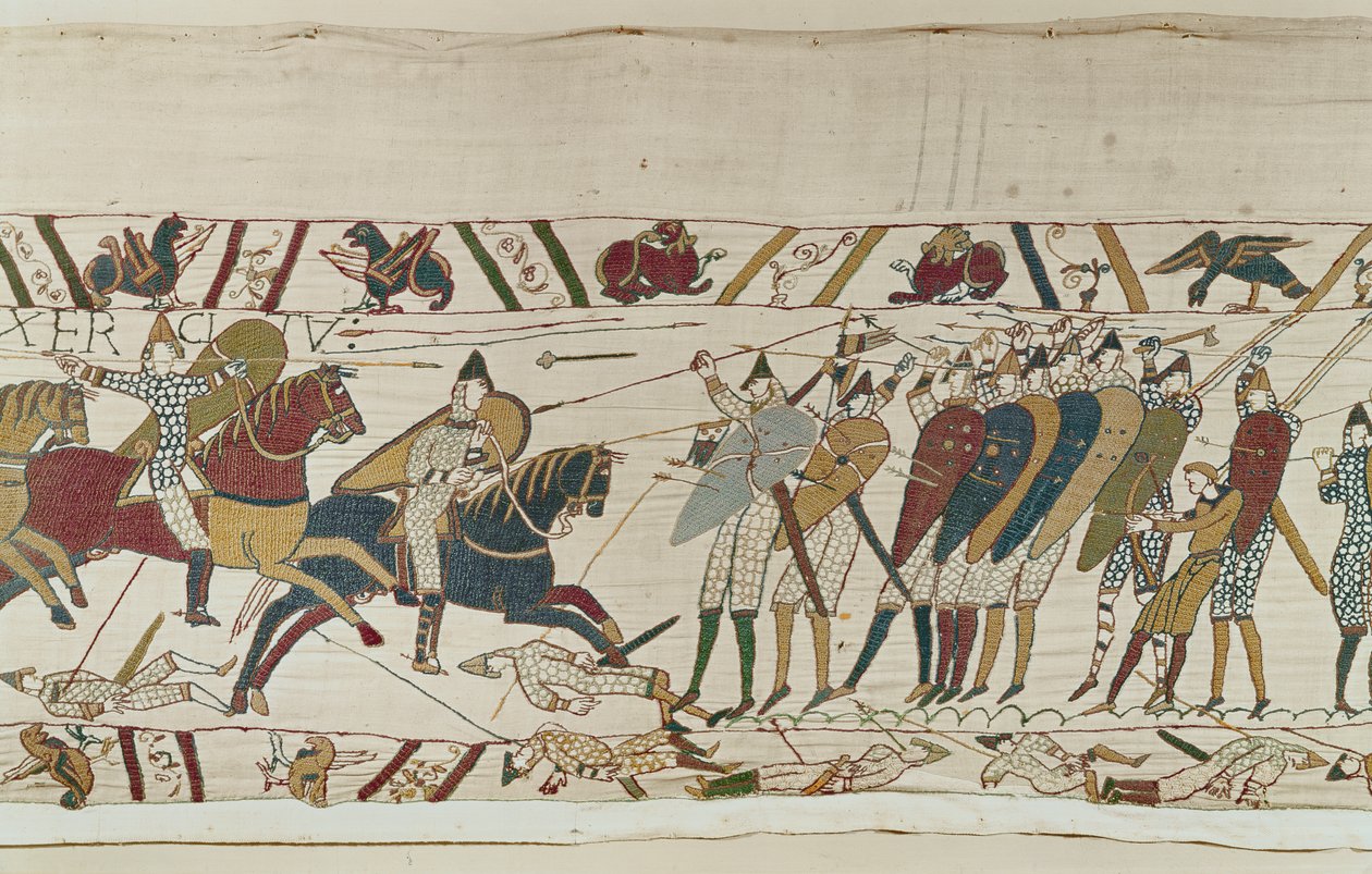 La batalla se une cuando la caballería normanda ataca la muralla de escudos inglesa, Tapiz de Bayeux de Unbekannt Unbekannt