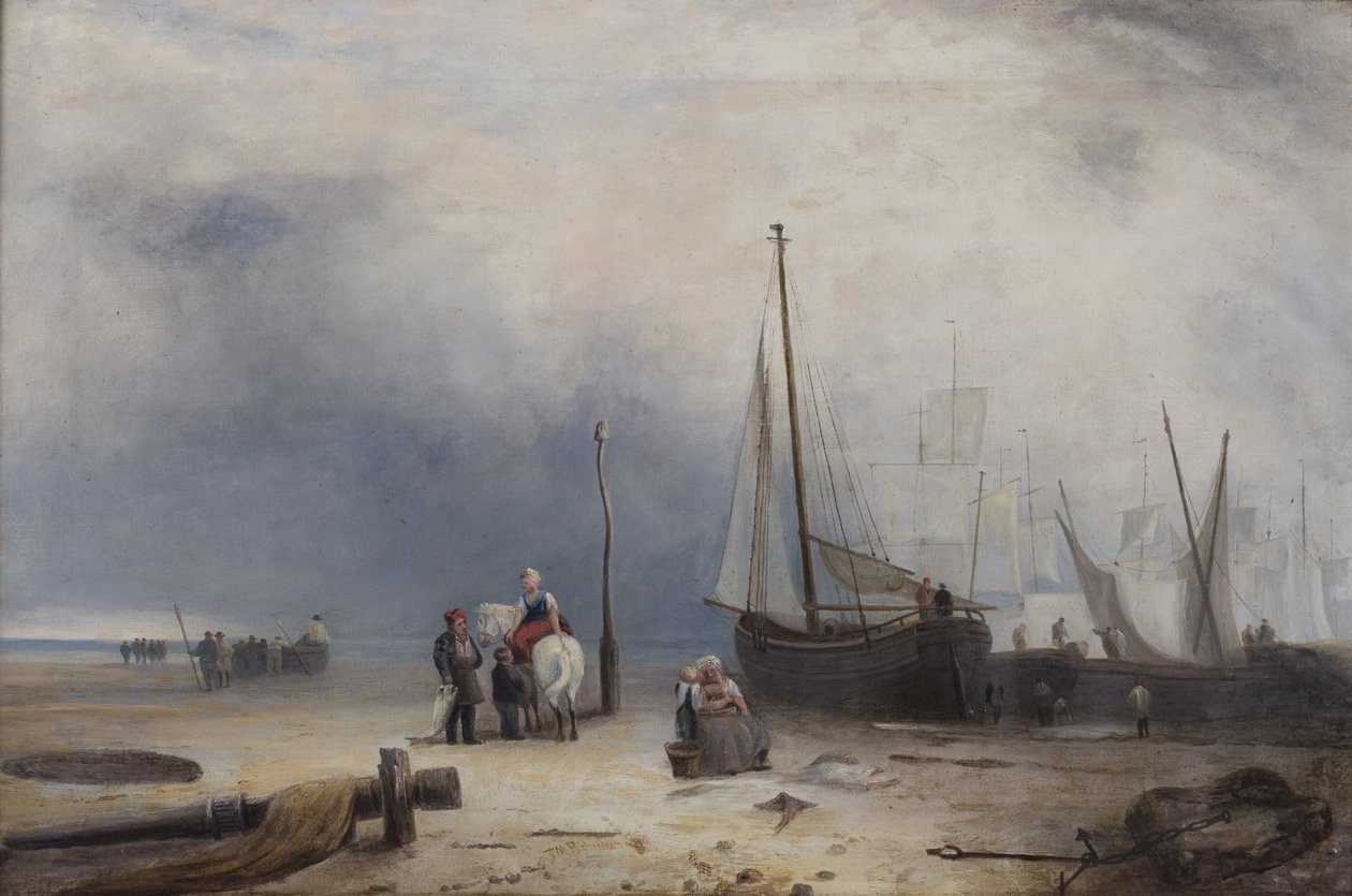Escena costera con barcos y figuras de Unbekannt Unbekannt