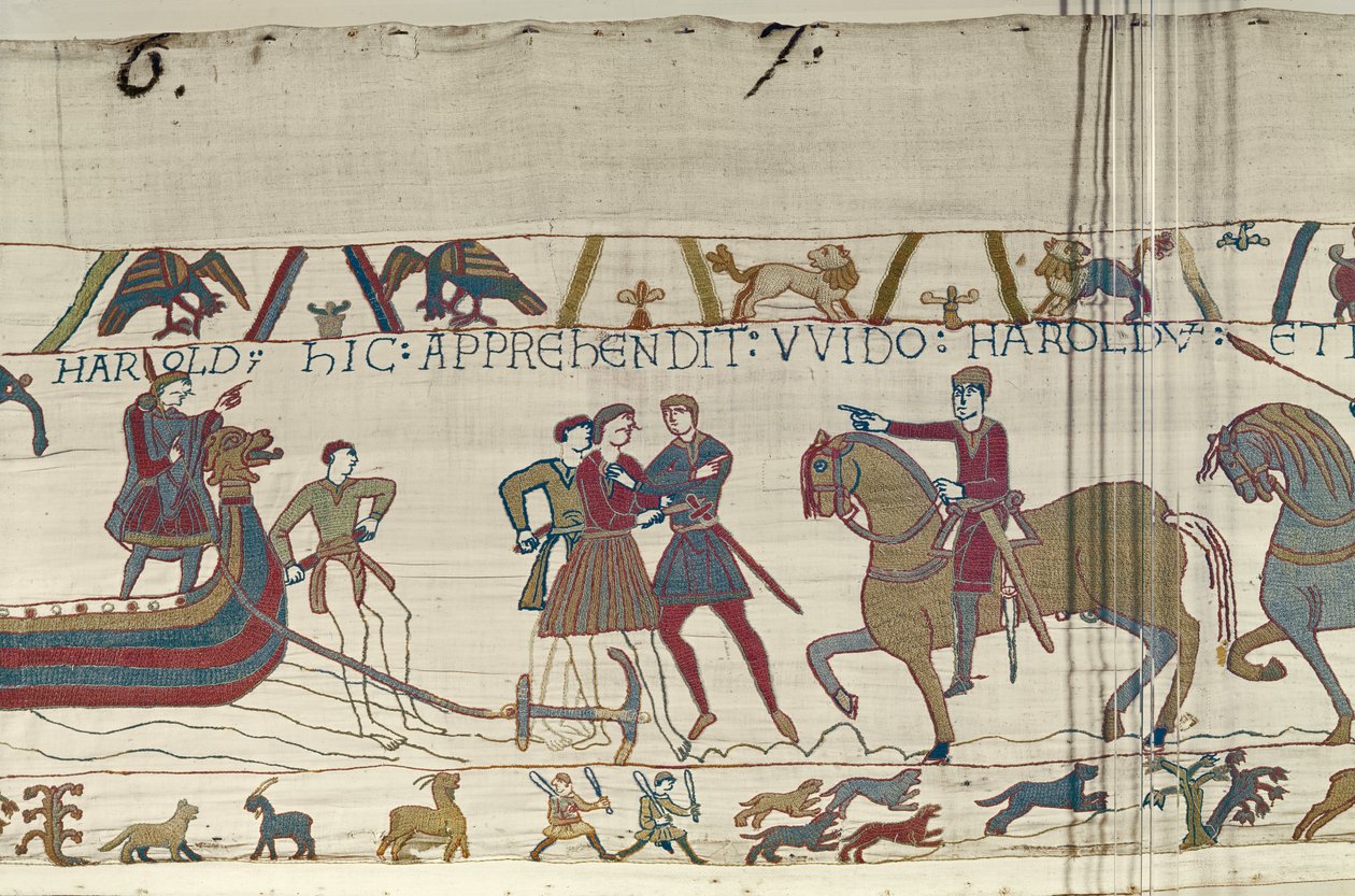 El Conde Guy de Ponthieu captura a Harold cuando desembarca en Normandía, Tapiz de Bayeux de Unbekannt Unbekannt