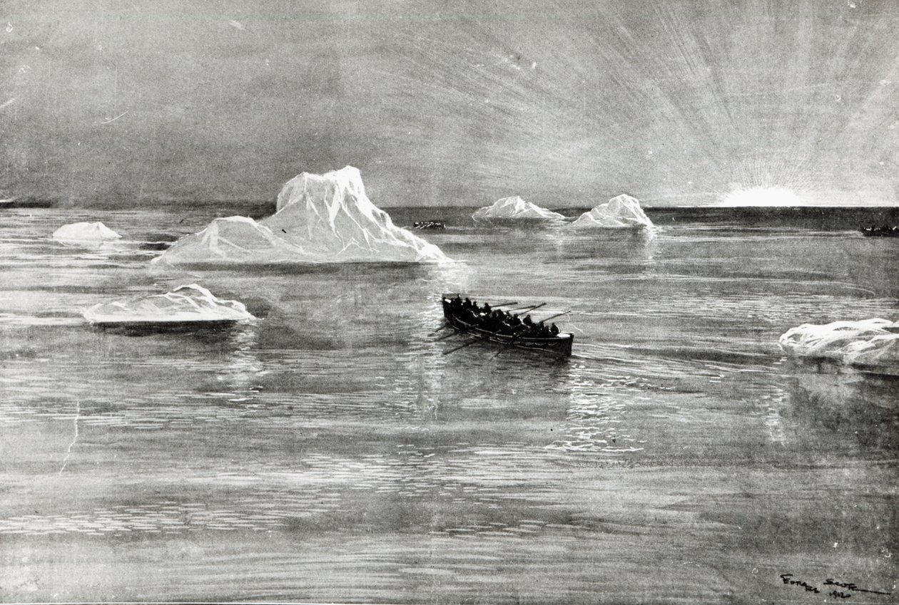 Amanecer para algunos de los pasajeros rescatados en uno de los botes salvavidas del "Titanic", 1912 de Unbekannt Unbekannt