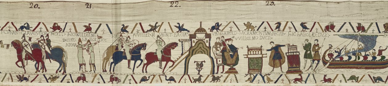 El duque Guillermo acepta las llaves de Dinan y entrega armas a Harold, quien jura lealtad a Guillermo en Bayeux, Tapiz de Bayeux de Unbekannt Unbekannt