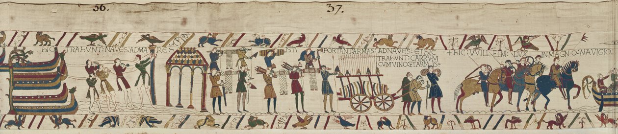 Normandos llevando armas a los barcos y tirando de un carro cargado de vino y armas, Tapiz de Bayeux de Unbekannt Unbekannt