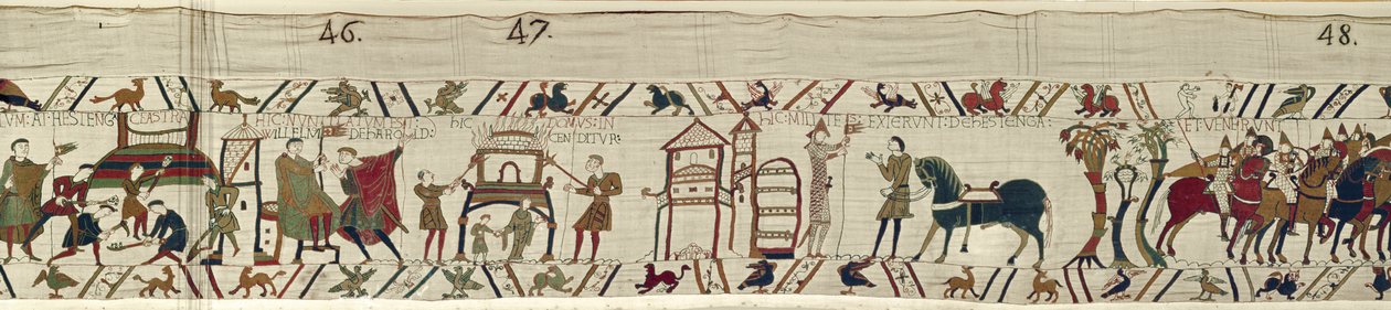 Los normandos construyen fortificaciones en Hastings y, al escuchar noticias de Harold, parten a la batalla, Tapiz de Bayeux de Unbekannt Unbekannt