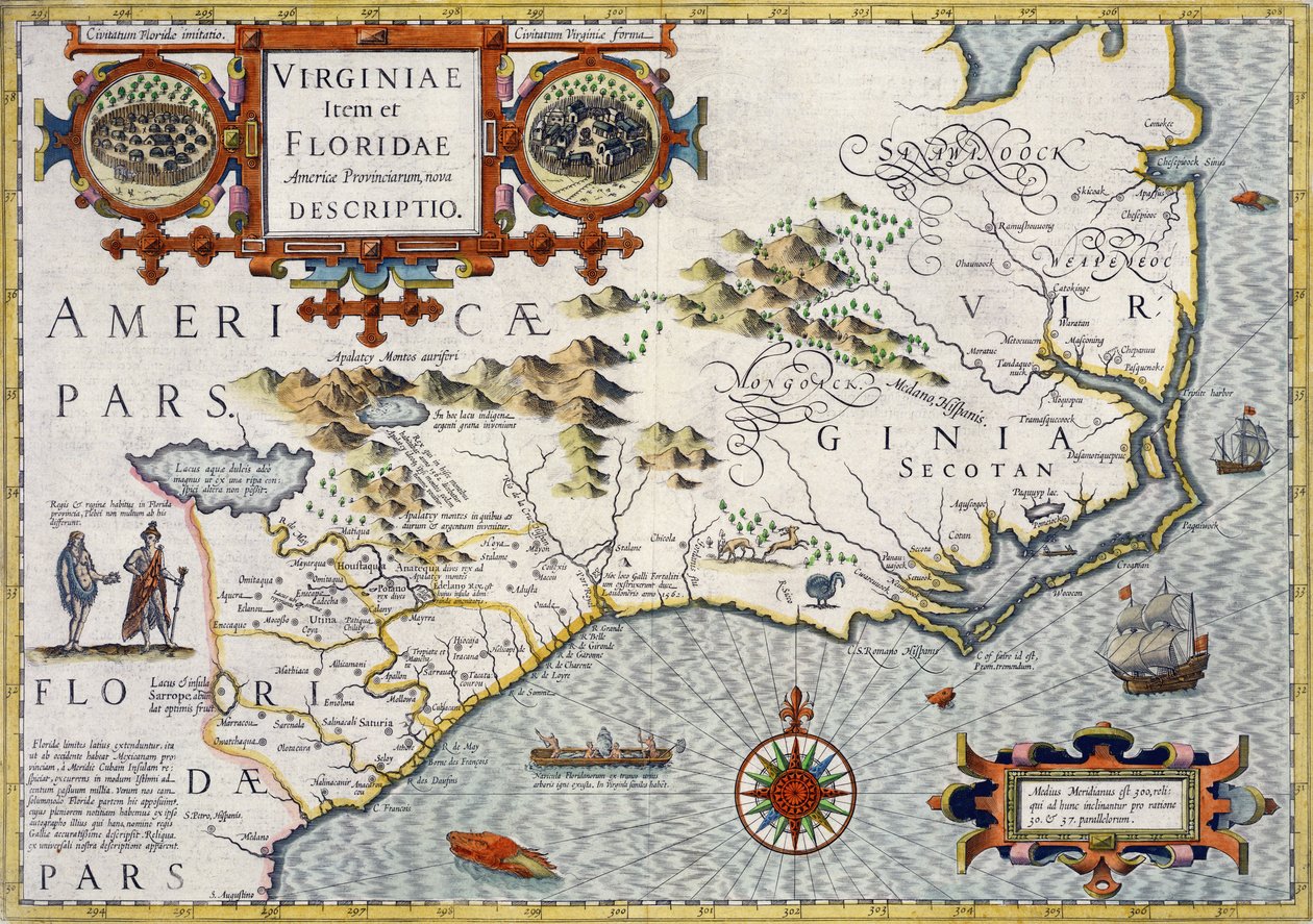 Carolina del Norte, titulado "Virginiae item et Floridae" del "Atlas..." de Mercator de 1606, publicado por Jodocus Hondius, 1619 de Unbekannt Unbekannt